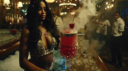 a woman in a bikini standing next to a tall glass with a liquid in it and smoke coming out of it.
