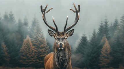 Noble Red Deer in Misty Forest