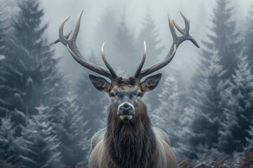 Noble Red Deer in Misty Forest