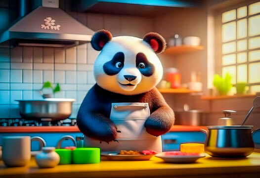 Serious and handsome Panda chef preparing food in the kitchen