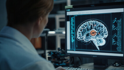A research assistant in a white coat works at a computer. The computer screen shows a human brain with an implanted chip.