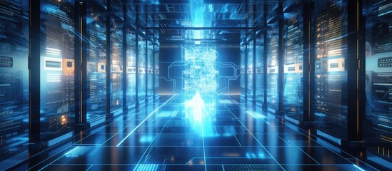 An extensive corridor featuring numerous computer servers and an illuminated source of light