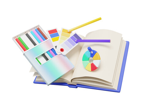 Open book coloring activity floating isolated on transparent background. School creative painting art reading writing training learning education concept. 3d render illustration
