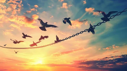 Fotobehang A symbolic representation of freedom and breaking free from constraints, visualized through birds flying away from broken chains © Orxan