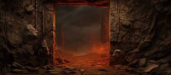 A dimly lit cave with a doorway leading to a dark sky filled with clouds