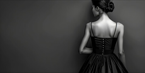 Elegant woman in black dress looking over shoulder