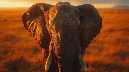 Majestic Elephant at Sunset on the African Plains - obrazy, fototapety, plakaty