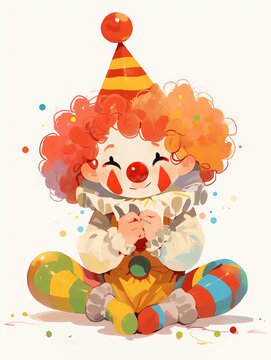 Illustration of a joyful clown with colorful outfit and confetti. Happy carnival and party concept with copy space.  Image for April Fools Day or Birthday event and greeting card. 