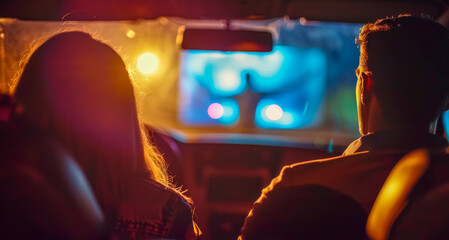 NighCouple Enjoying a Drive-Thru Cinema Experience at Night