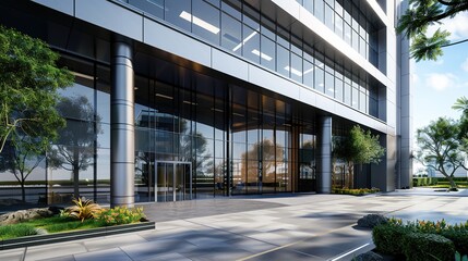 A sleek and sophisticated modern office building exterior design featuring a blend of glass, steel, and concrete elements, exuding professionalism and luxury.