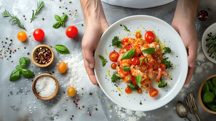 Chef presenting fresh tomato pasta in a white bowl. bright, appetizing meal, perfect for food blogs and menu designs. culinary arts captured beautifully. AI - obrazy, fototapety, plakaty