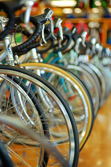 Bicycle shop showcases rows of sleek bicycles, shelves brimming with colorful cycling gear, and racks displaying accessorie.