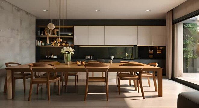 Modern kitchen and dining room interior