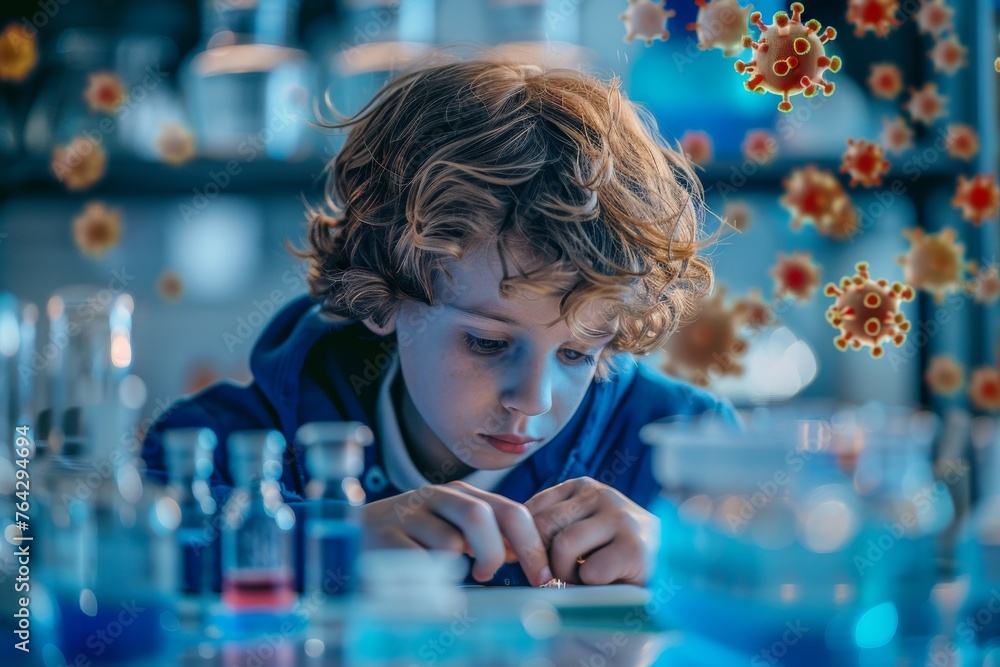 Poster young aspiring scientist explores virus models in a lab setting