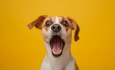 Surprised shocked dog with open mouth and big eyes isolated on flat solid background - obrazy, fototapety, plakaty