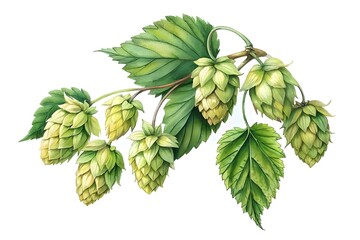 Watercolor Illustration of Fresh Hop Cones and Leaves