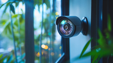 Modern Security Camera on Building Exterior. A contemporary security camera attached to a building with a view of foliage and city lights in the background. - obrazy, fototapety, plakaty