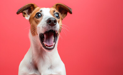 Surprised shocked dog with open mouth and big eyes isolated on flat solid background - obrazy, fototapety, plakaty