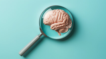Brain Model Magnified Under Magnifying Glass. A human brain model is closely examined under a magnifying glass against a solid teal background.