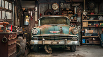 Obraz premium Vintage Car in a Rustic Old Garage. A classic, rusty car parked inside a garage full of antique tools and miscellaneous items, evoking nostalgia.
