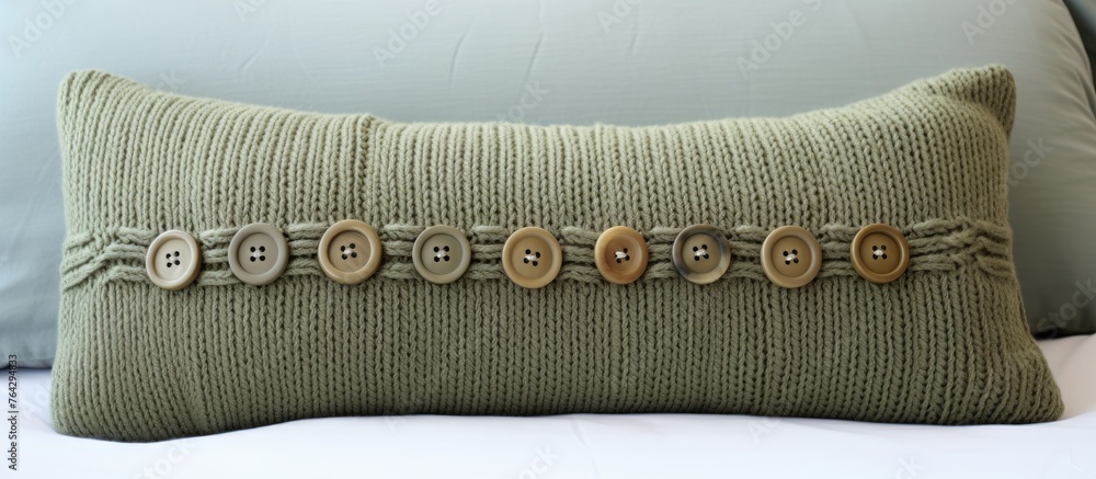 Poster an image showing a detailed view of a decorative pillow featuring buttons placed on a bed surface