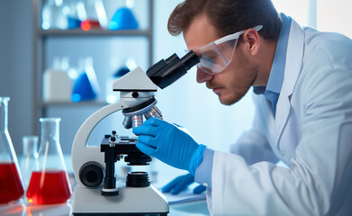 A scientist using a microscope in a laboratory, with shelves of scientific equipment in the background.