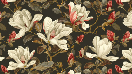 watercolor pattern magnolia flowers, white and pink magnolia vintage pattern on the brown background - 764295006