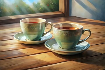 Obraz premium Morning Tea for Two on a Wooden Table