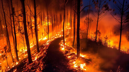 dangerous wildfire in australia fighting bushfire dry woods burning trees firefighting natural disaster concept intense orange flames - 764295068