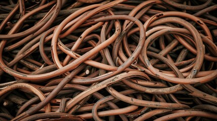 a pile of brown wires and wires are piled on top of each other in the middle of a pile of brown wires.