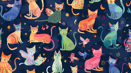 Wallpaper with funny colorful cats on a dark background. Horizontal format. - 764295209