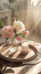 A vase of flowers and a candle on a tray
