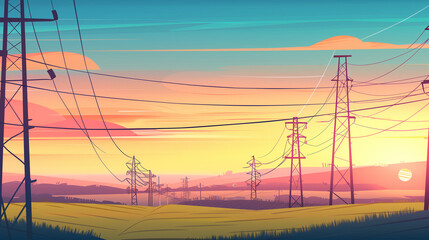 Power line over a field at sunset or sunrise. Horizontal format. - 764295294