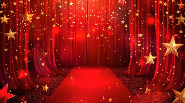 Elegant red curtain stage with glittering stars for event backdrop. theater decor, performance setting, celebration venue. perfect for presentations and award ceremonies. AI