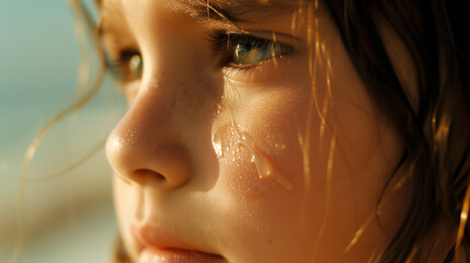 close-up of a sad little girl with brown eyes crying with tears rolling down her face looking strait into your eyes- A little girl crying with tears in her eyes - 764295420