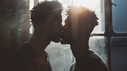 A couple kissing in front of a window