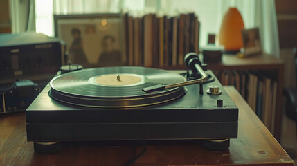 Vintage turntable in cozy room setting