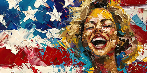 Fototapeta premium A painting depicting a woman with a joyful expression standing in front of an American flag, surrounded by abstract splashes.