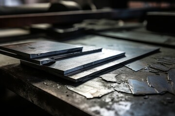 A shiny metal shim sits ready for installation on a weathered workbench in an industrial environment