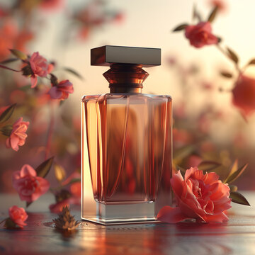 perfume bottle with yellow liquid on a pinkish pastel background with flowers. Square frame.