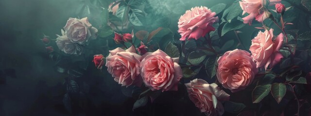Beautiful rose bush on dark background. Moody flowers. Cursed, magic flower. Rosa Damascena or Damask rose. Romantic luxury background. Elegant love and passion concept - obrazy, fototapety, plakaty