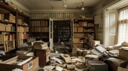 A room filled with lots of boxes and books - obrazy, fototapety, plakaty