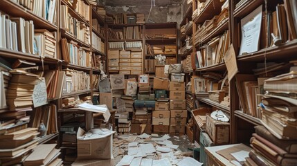 A room filled with lots of books and boxes