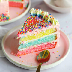 slice of rainbow cake with a small spoon. square frame - 764296094