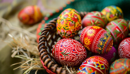 Fototapeta na wymiar A basket with traditional painted eggs for Orthodox Easter