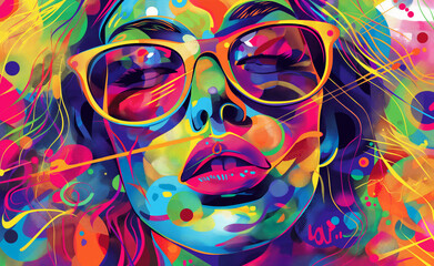 A colorful, psychedelic portrait of a woman wearing large glasses, rendered in a vivid, abstract...