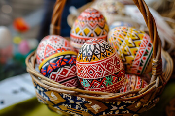 A basket with traditional painted eggs for Orthodox Easter