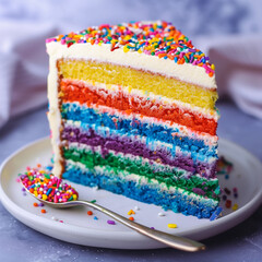 slice of rainbow cake with a small spoon. square frame - 764296284