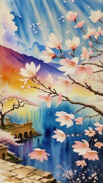 blooming sakura close-up against the backdrop of a beautiful landscape in watercolor style