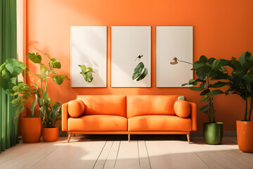 Living room interior with orange sofa, plants and posters